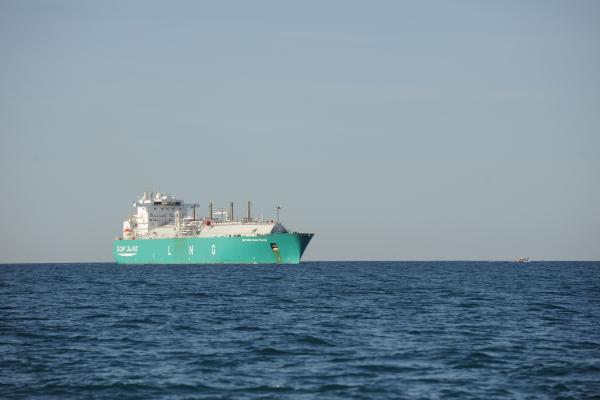 The arrival of an LNG (Liquefied natural gas) tanker in the Port of Fos-sur-Mer, France