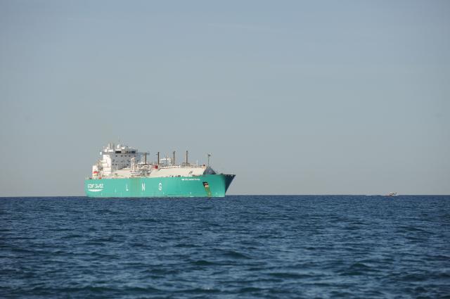 The arrival of an LNG (Liquefied natural gas) tanker in the Port of Fos-sur-Mer, France